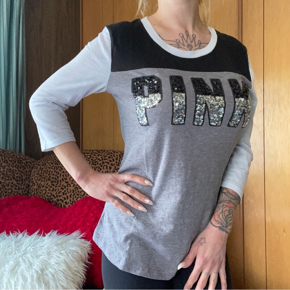 Pink sequin grey and black baseball T